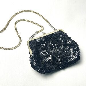 Vintage 1980s Retro‎ 60s Baroque Beaded Purse Evening Bag Black Gold Metal Frame